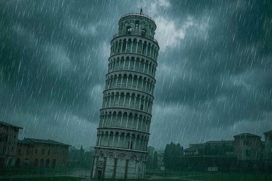 Tower stands in rain with dark clouds above in Pisa, Italy during a storm in the early evening hours