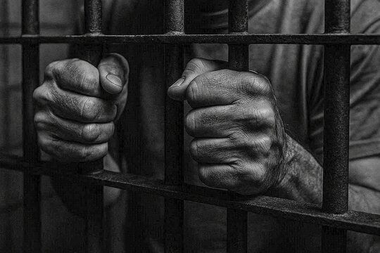 Hands gripping prison bars in a dark cell during the evening showing a sense of confinement and despair