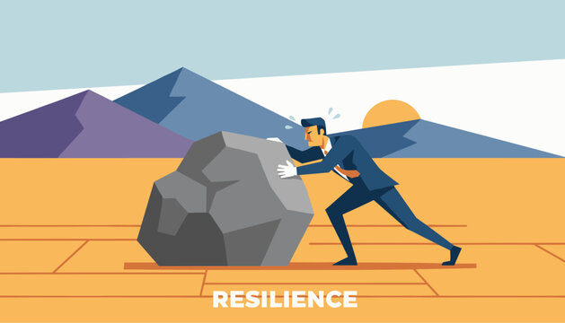 Determined businessman pushing a heavy stone boulder uphill in a dry desert landscape to represent work resilience.