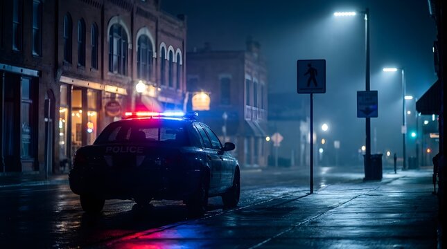Dark police car with flashing red and blue emergency lights parked on a wet city street during a foggy night