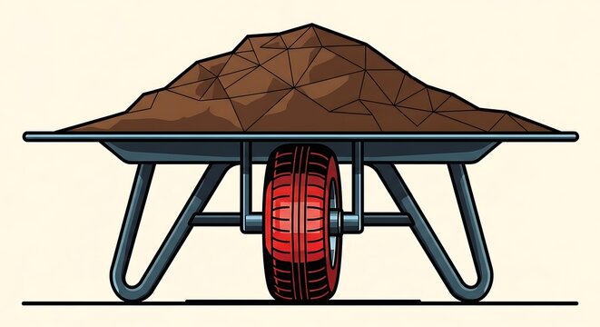 Full wheelbarrow with pile of brown soil dirt on isolated background, equipment