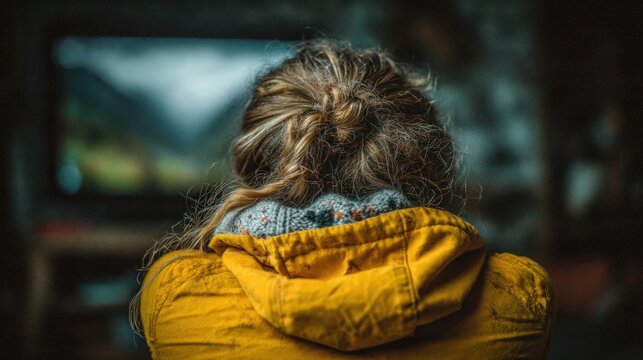Woman with blonde hair wearing yellow hoodie watching television in dimly lit room for cozy evening of home entertainment and relaxation