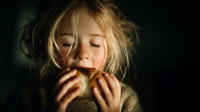 Adorable hungry child with messy blonde hair eating a fresh bun against a dark background
