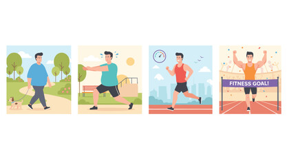 Fototapeta premium Motivational fitness journey graphic detailing a man's progress from walking his dog to running and achieving his muscular fitness goal.