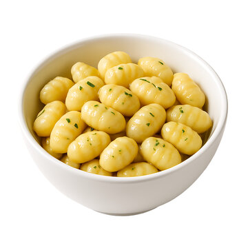 Bowl of potato gnocchi with herbs isolated on transparent background