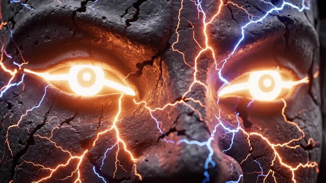 Cracked stone deity statue awakens, eyes and facial cracks glowing with energy. Dramatic lighting emphasizes detailed, rough textures and vibrant plasma effects.