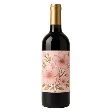 Elegant wine bottle with floral label isolated on transparent background