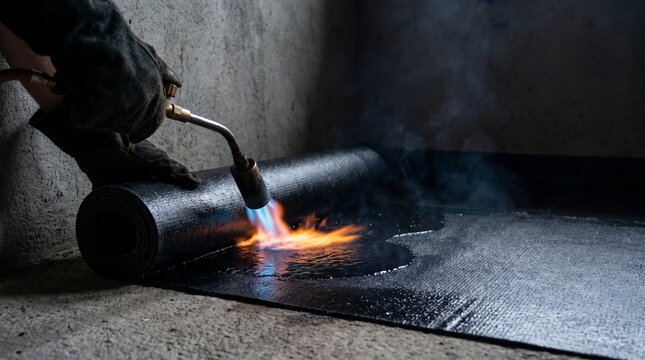 Worker applying torch-on bitumen roofing felt with a blow torch for waterproofing. Essential for durable roof repair, foundation sealing, and construction.