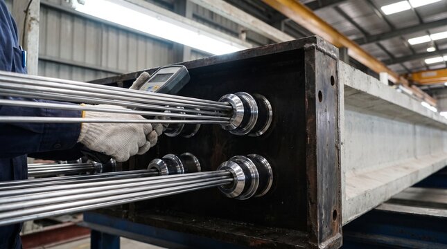 A worker measures tension on prestressing strands within a concrete beam in a manufacturing plant, essential for strong infrastructure construction and durability.