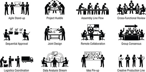 Obraz premium A collection of professional illustrating various business workflow processes, including agile stand-ups, project collaboration, team logistics, and data analysis strategies