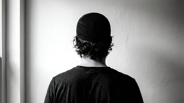 Rear view of a man in a black skullcap and t-shirt, black and white