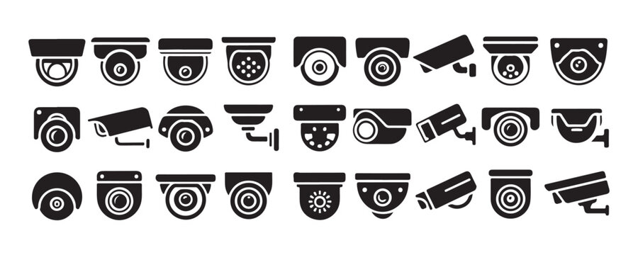 Set of modern security camera icons black silhouette flat design vector illustration.
