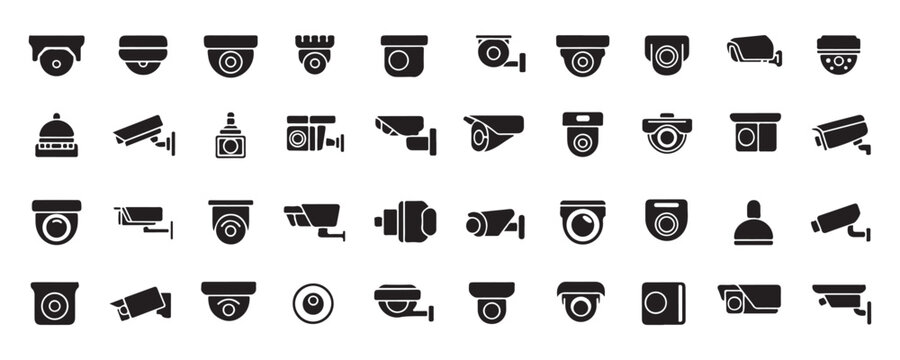 Diverse security and surveillance camera icons black filled style vector illustration collection.