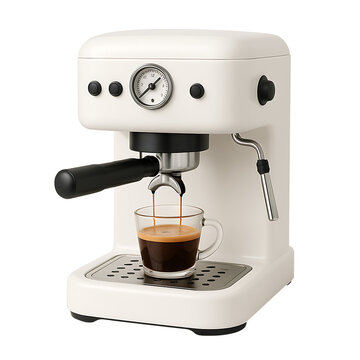 Modern espresso coffee machine brewing fresh coffee isolated on transparent background