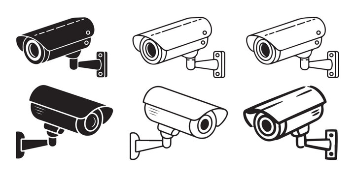 Surveillance camera icons set black solid and line art styles vector illustration collection.