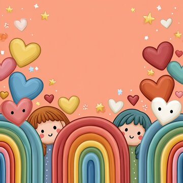 Soft textured children's book illustration of two happy kids hiding behind colorful retro rainbows amid floating hearts and stars, a joyful background for a birthday party.