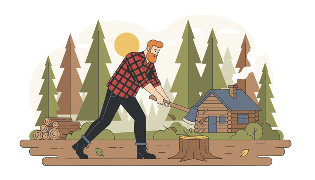 Strong bearded lumberjack with an axe chopping tree logs in front of a cozy cabin surrounded by pine forest.