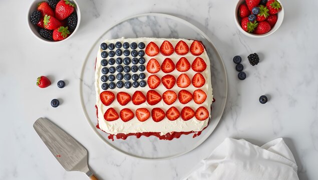 Festive American flag cake decorated with fresh strawberries, blueberries, and whipped cream. Patriotic dessert presented in a bright close-up food photography style, perfect for Independence Day