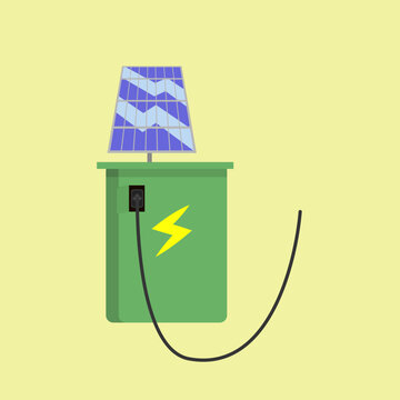 Green solar powered electric charging station with lightning bolt symbol and charging cable, eco friendly energy concept flat vector illustration