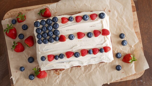 Festive American flag cake decorated with fresh strawberries, blueberries, and whipped cream. Patriotic dessert presented in a bright close-up food photography style, perfect for Independence Day