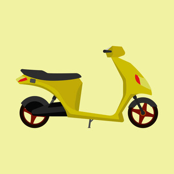 Yellow electric scooter isolated, modern eco friendly moped with red wheel details side view, flat vector illustration