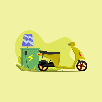Yellow electric scooter connected to solar powered charging station with plants, green eco friendly transportation concept flat vector illustration