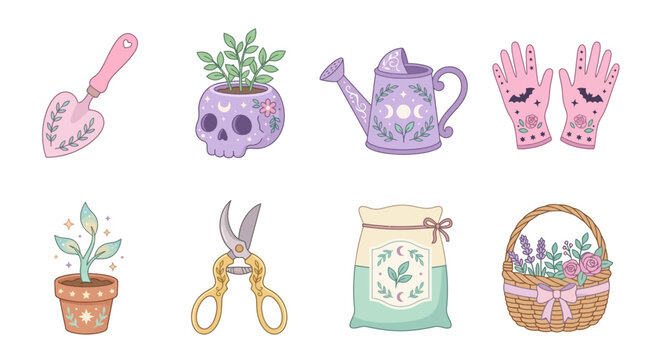 Skull Plant Pot and Heart Garden Trowel Grid Asset Sheet for Cute Pastel Witch Gardening Illustrations