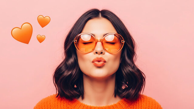 Stylish woman wearing orange sunglasses and cozy orange sweater making kissy face expression with three orange hearts floating in the air perfect for fashion beauty and lifestyle promotional content