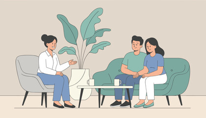 Fototapeta premium Young couple consulting a professional therapist or financial advisor in a comfortable office with a large plant.