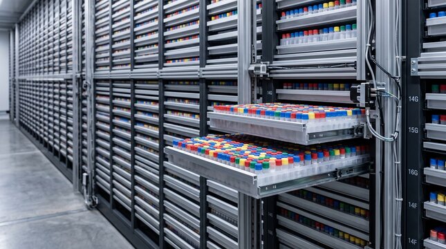 Biobank Rack Wall With Open Micro Drawers And Indexed Sample Rows