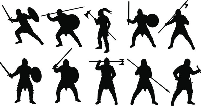 Warrior silhouette set with swords shields spears and axes in battle poses medieval fighters vector illustration for fantasy design