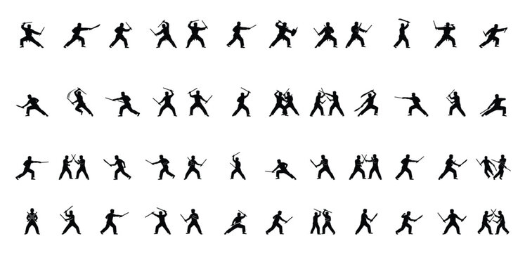 Arnis Martial Arts Fighter Silhouette Icon Set Collection with Stick Fighting Combat Poses Vector