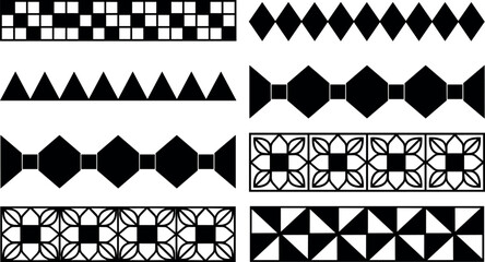Fototapeta premium Black and white geometric repeat patterns with squares triangles diamonds and floral motifs