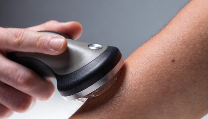 Fototapeta premium A handheld ultrasound therapy device glides over a person's forearm during a wellness treatment, useful for healthcare, rehabilitation, or skincare promotion.