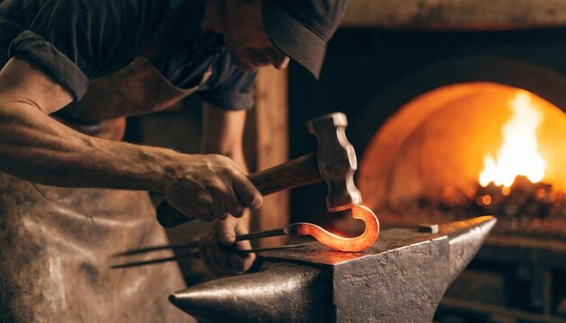 A blacksmith hammers glowing hot metal on an anvil beside a blazing forge, suited for artisan craft, heritage trade, or industrial workshop promotions.