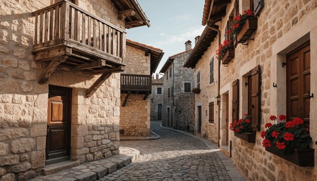 Sunlit cobblestone lane through a historic stone village with wooden balconies and red flowers, ideal for European travel, heritage tourism, or rustic lodging promotions.