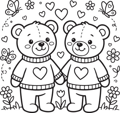 Cute cartoon characters coloring page for kids, vector outline illustration