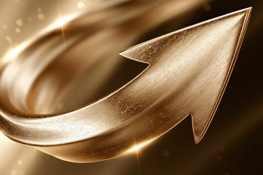 A gleaming golden arrow curves upwards, symbolizing success, growth, and financial progress against a blurred, luminous background.