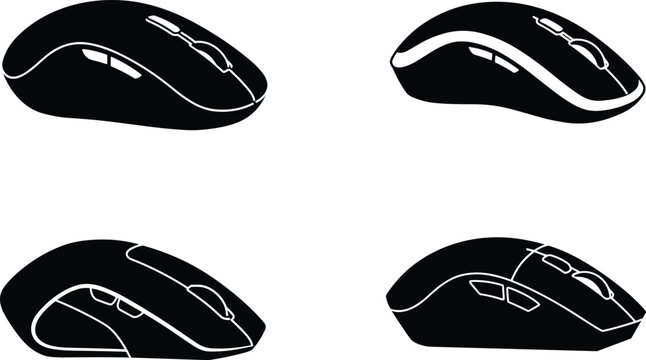 Wireless computer mouse silhouette set, vector gadget design, ergonomic accessory illustration, technology equipment icon, modern office device graphic pack