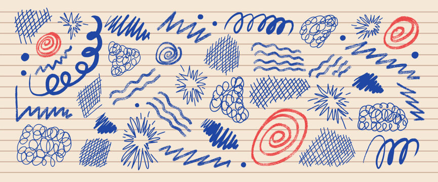 Messy kids crayon scribbles on ruled school paper. Hand-drawn scratches, squiggles, abstract doodle highlights, naive stars. Vector irregular oval, crosshatching. Zigzag, asterisk mixed media set