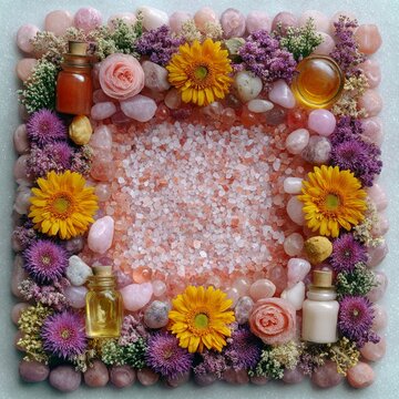 Natural spa therapy flat lay with rose quartz crystals, pink himalayan salt, and aromatherapy oils forming a square frame with copy space for holistic wellness.