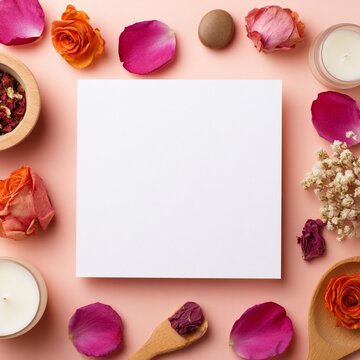 Feminine self-care still life with a square paper mockup framed by dried roses, scented candles, and spa elements for organic skincare branding or mindfulness concepts.