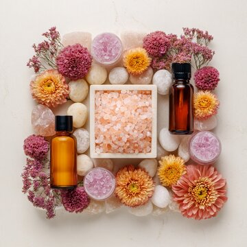 Organic wellness flat lay of himalayan pink salt, aromatherapy oils, and dried flowers arranged with healing stones on a marble background for holistic self care rituals.