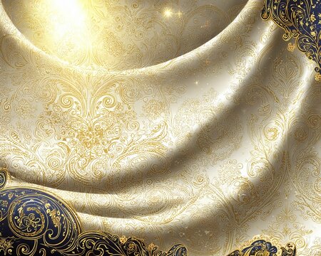 Luxurious baroque damask illustration of flowing cream silk fabric with shimmering gold paisley patterns illuminated by a divine, sparkling light, an opulent background for a wedding invitation or del