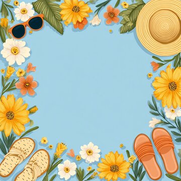 Vibrant digital painting of a summer flat lay frame with sunflowers, a sun hat, sunglasses, and sandals arranged around a blue copy space for a seasonal travel advertisement.