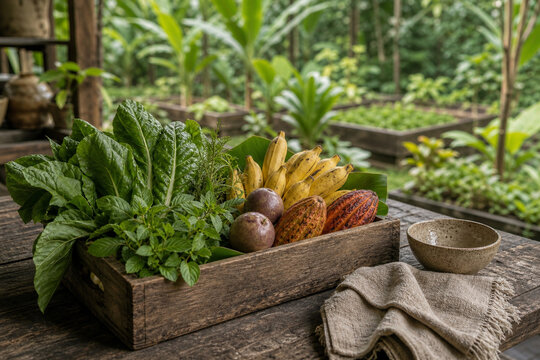 Rainforest eco lodge kitchen garden harvest