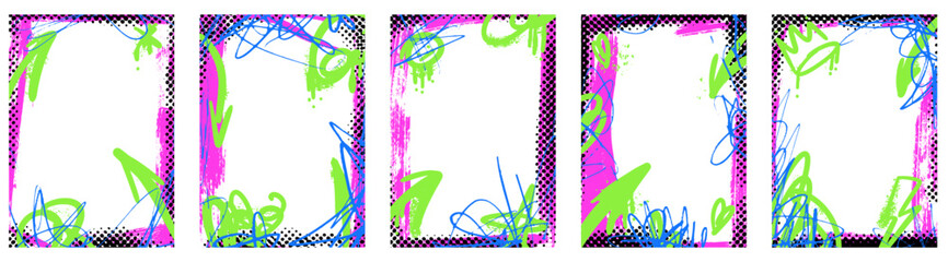 Messy graffiti frames with spray paint arrows and chaotic scribbles. Grunge photo text box borders in green, magenta and blue on white. Vector graffiti frame set for school poster or trading card © Syuzann q