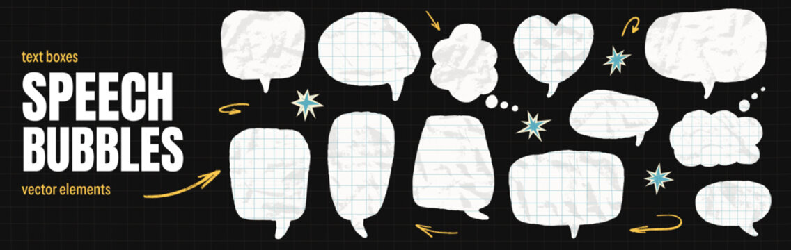 Crumpled notebook paper speech bubble shapes with math grid texture for chat. Torn dialogue boxes with doodle thought clouds and arrows. White vector speech bubble set isolated on black grid for promo