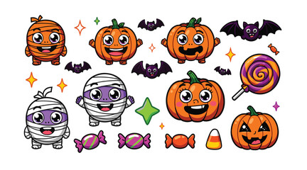 Fototapeta premium Cute Halloween characters including pumpkins, mummies, bats, and candy create a festive and fun holiday celebration