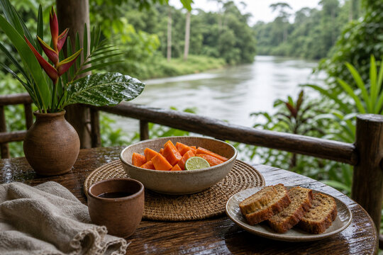 Rainforest riverside eco lodge breakfast after rain